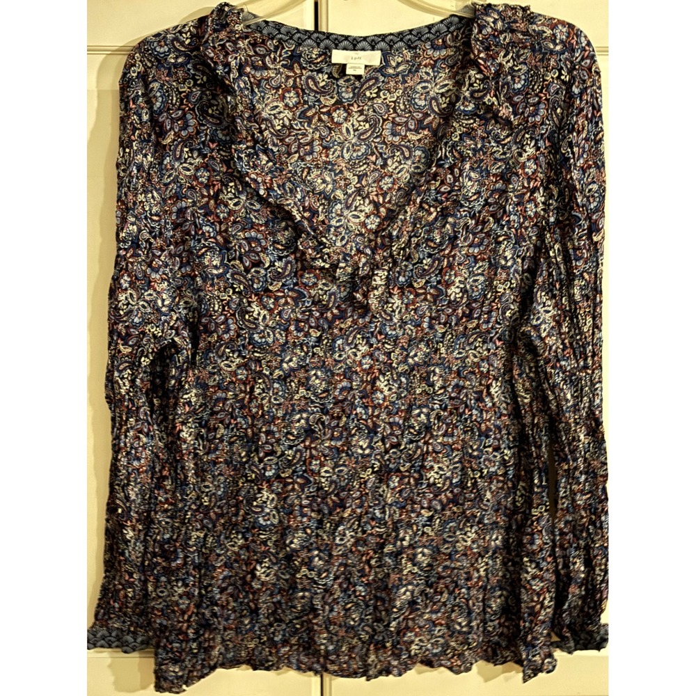 J. Jill XL Navy Blue Burgundy Paisley Crinkle V-Neck Long Sleeve Blouse Top